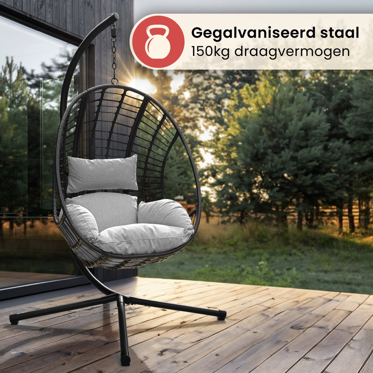 Salto XXL Egg Hangstoel – Met Standaard – tot 150 kg – Lichtgrijs