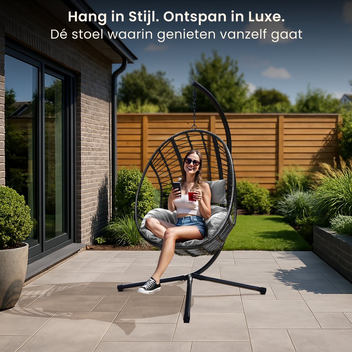 Salto XXL Egg Hangstoel – Met Standaard – tot 150 kg – Lichtgrijs